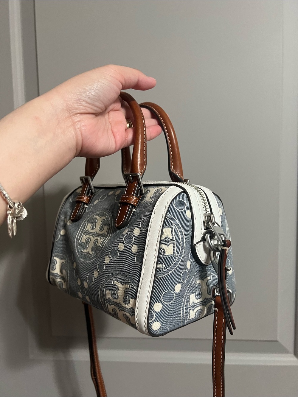 Tory Burch Blue Logo Jacquard Mini Satchel with Brown Trim - Picture 2 of 4